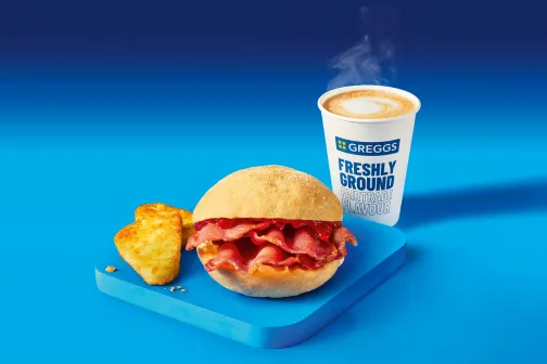 Greggs Now Open 12 Greggs bacon sandwich with hash brown and hot drink