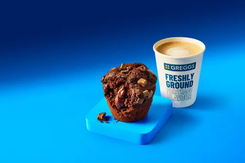 Greggs Now Open 2 Greggs chocolate muffin with hot drink