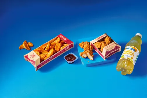 Greggs Now Open 3 Greggs chicken nuggets and wedges with bottled drink