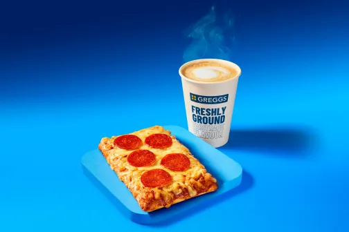 Greggs Now Open 4 Greggs pizza slice with hot drink