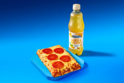 Greggs Now Open 5 Greggs pizza slice with bottled drink