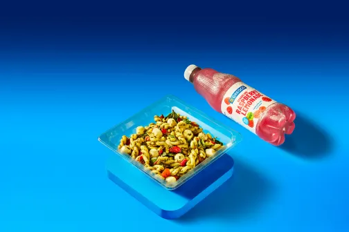 Greggs Now Open 6 Greggs pasta box with bottled drink